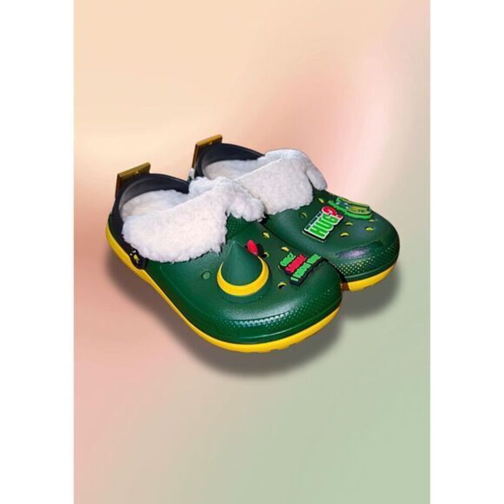 Crocs Classic Lined Elf Holiday Clogs Kids C13 Green Christmas Jibbitz